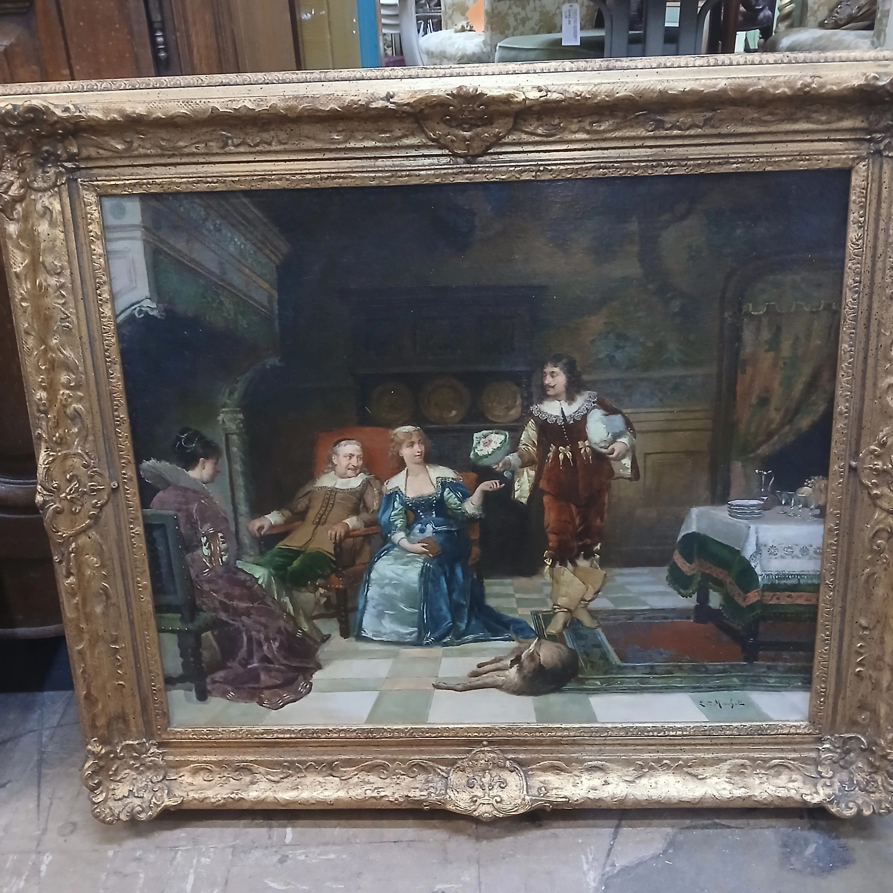 FRAMED FRENCH OIL PAINTING OF A COURTIER SCENCE BYLOUIS HIPPOYLE MOUCHOT