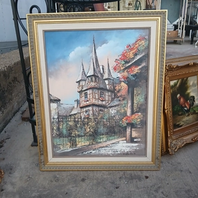 FRAMED GERMAN COLORFUL OIL PAINTING OF A HOUSE classic mural painting