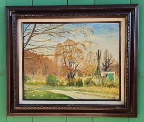 FRAMED IMPASTO OIL PAINTING OF A COUNTRY ROAD SIGNED RLM 1958 classic mural painting