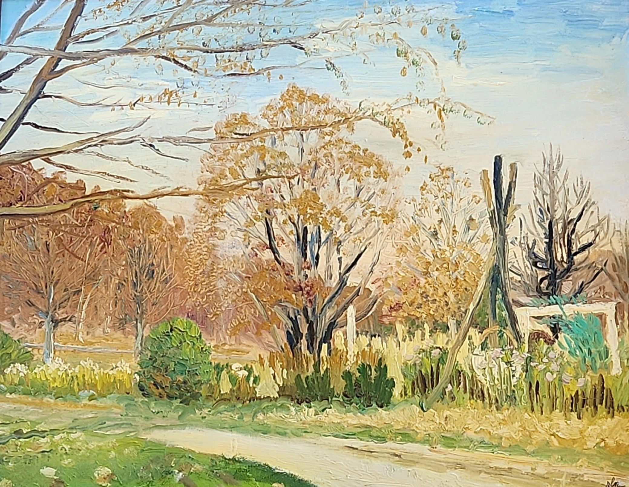 FRAMED IMPASTO OIL PAINTING OF A COUNTRY ROAD SIGNED RLM 1958