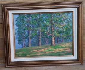 FRAMED IMPASTO OIL PAINTING OF TREES ON A HILL classic mural painting
