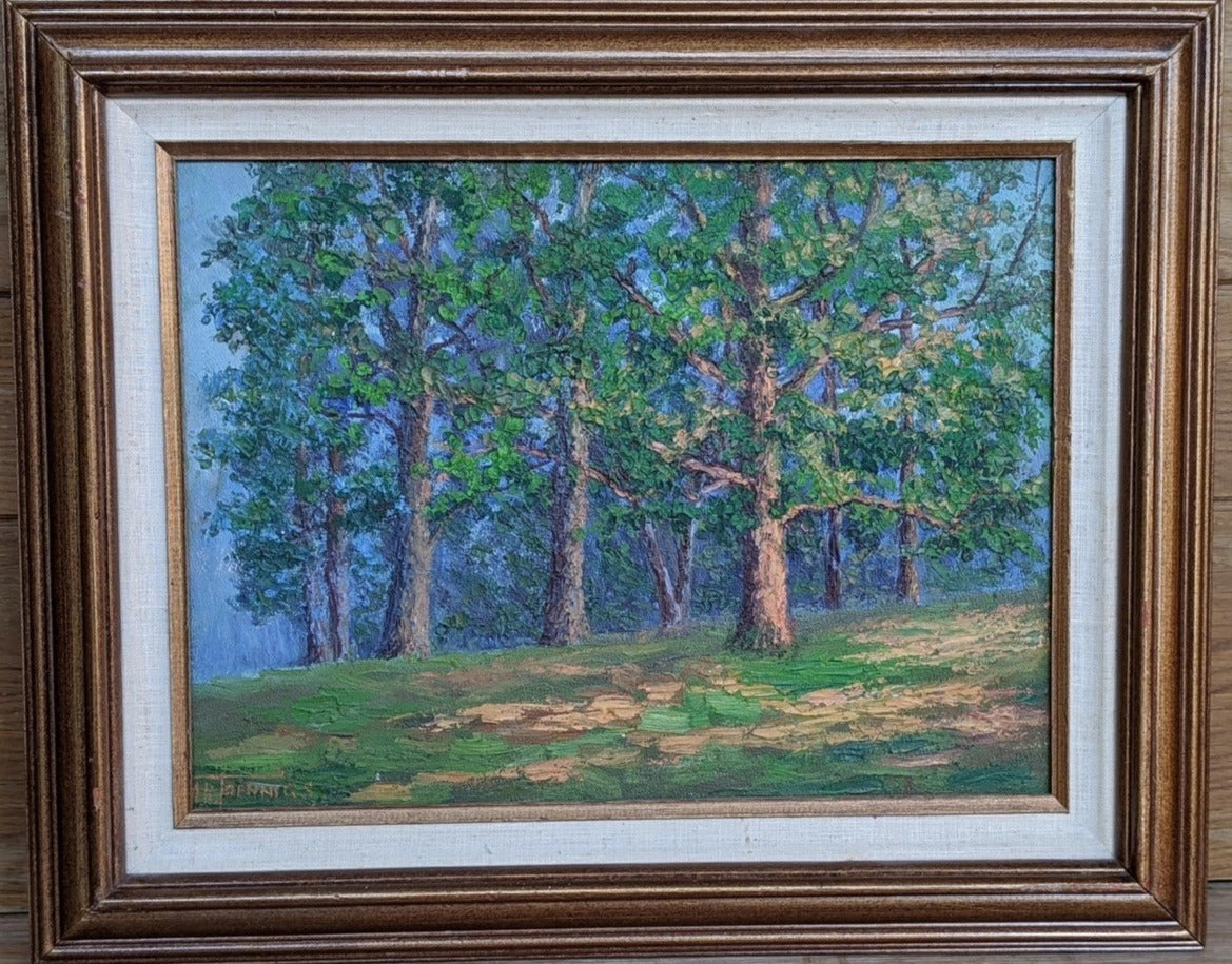 FRAMED IMPASTO OIL PAINTING OF TREES ON A HILL