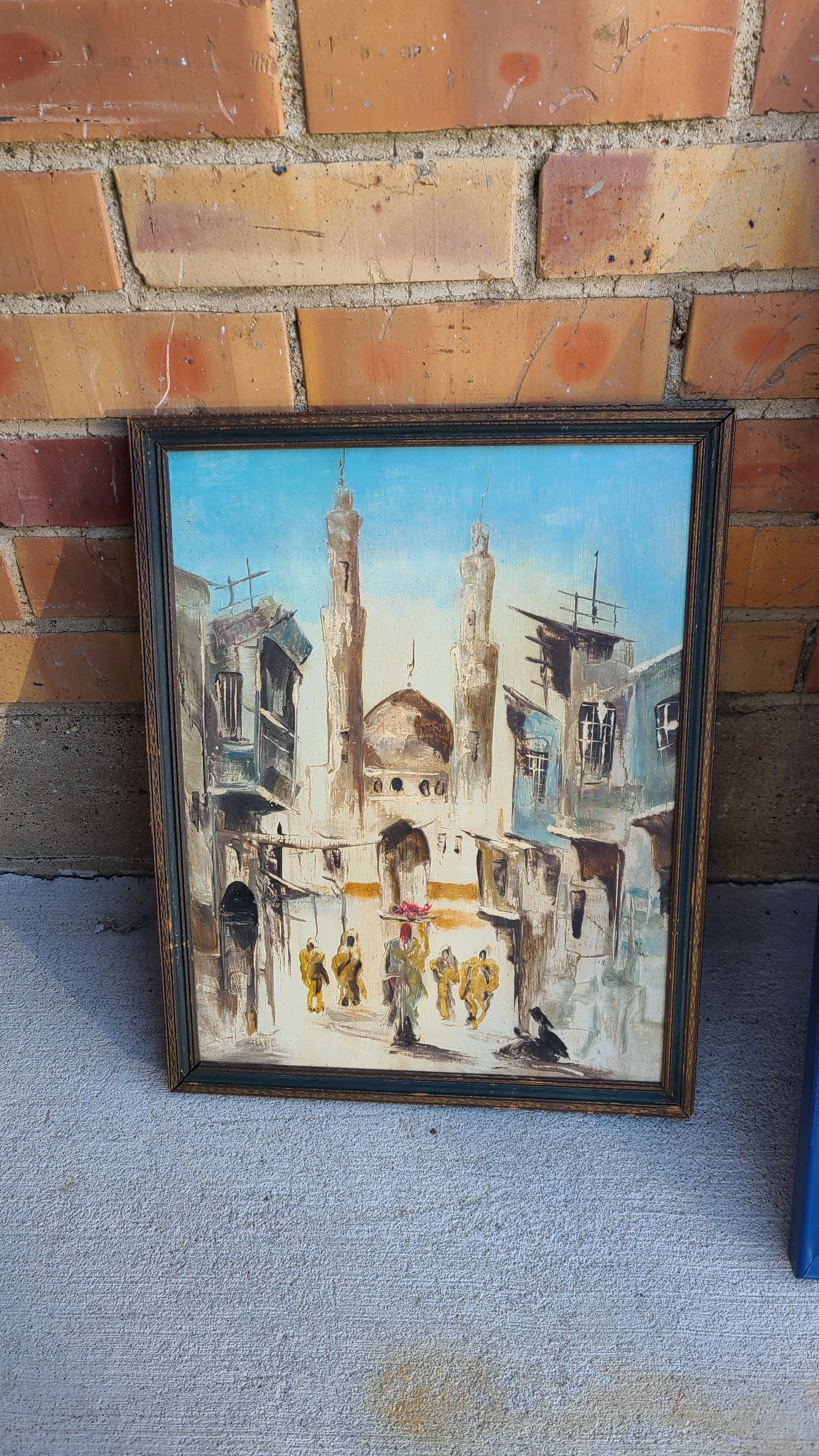 FRAMED IMPRESSIONIST OIL PAINTING OF A MOSQUE ON A STREET classic mural painting
