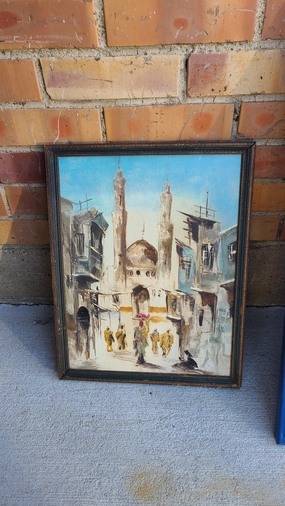 FRAMED IMPRESSIONIST OIL PAINTING OF A MOSQUE ON A STREET classic mural painting