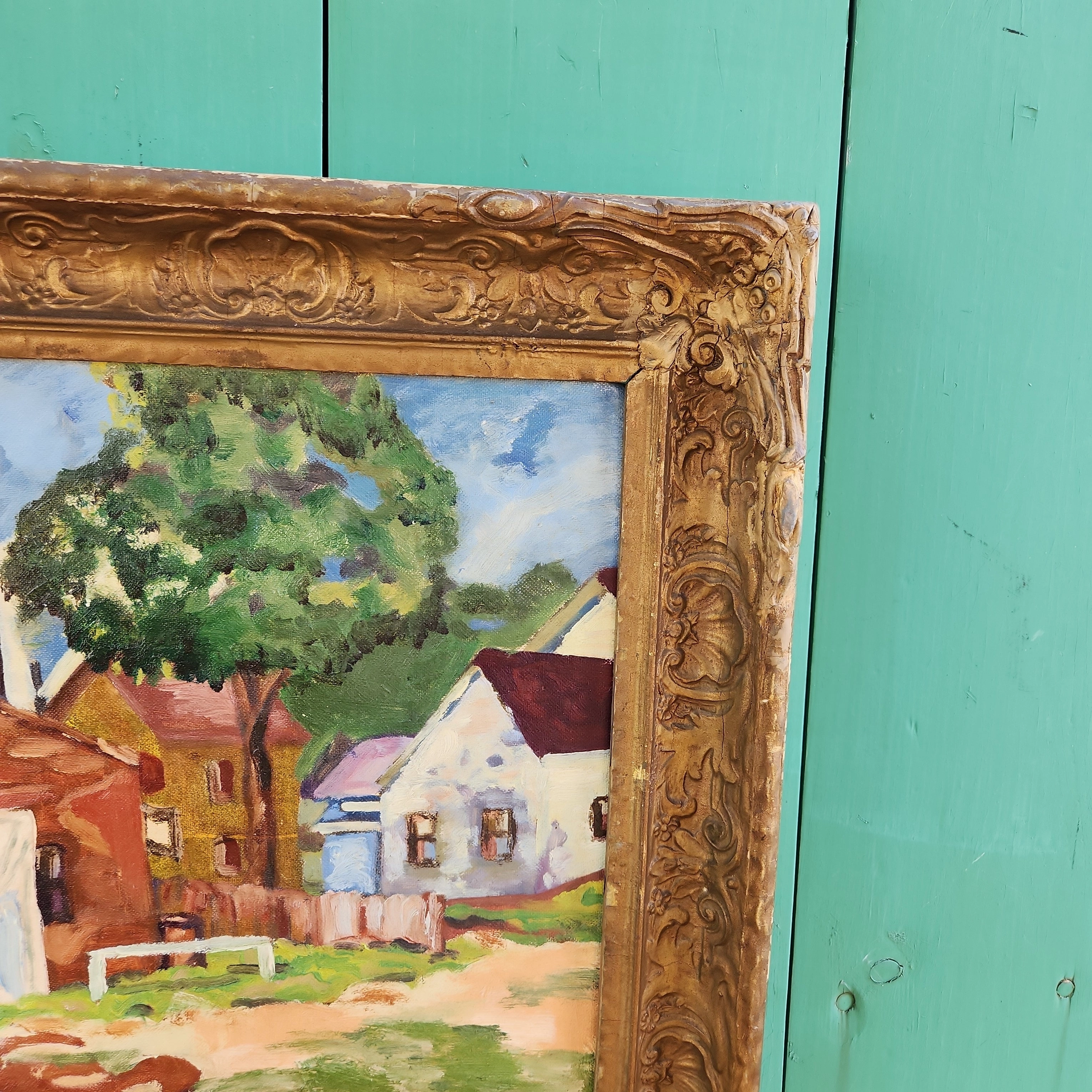FRAMED IMPRESSIONIST OIL PAINTING ON CANVAS OF A COUNTRY BLACKSMITH SHOP  BY TUNIS PONSEN