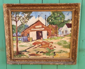 FRAMED IMPRESSIONIST OIL PAINTING ON CANVAS OF A COUNTRY BLACKSMITH SHOP  BY TUNIS PONSEN classic mural painting