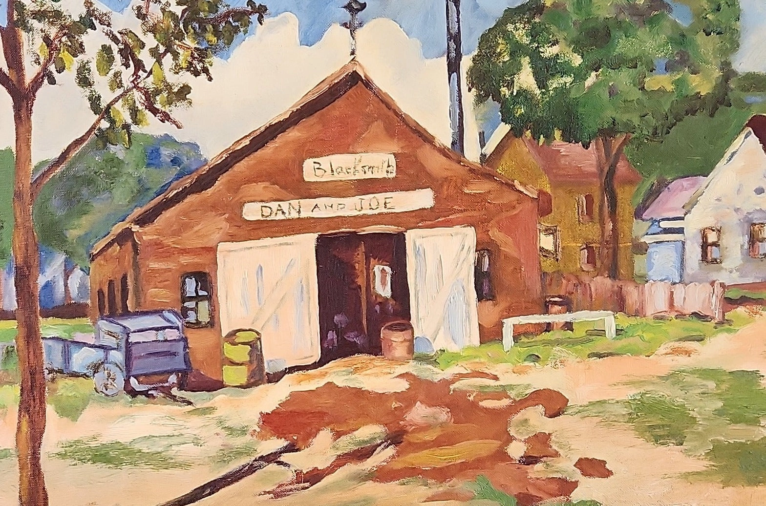 FRAMED IMPRESSIONIST OIL PAINTING ON CANVAS OF A COUNTRY BLACKSMITH SHOP  BY TUNIS PONSEN