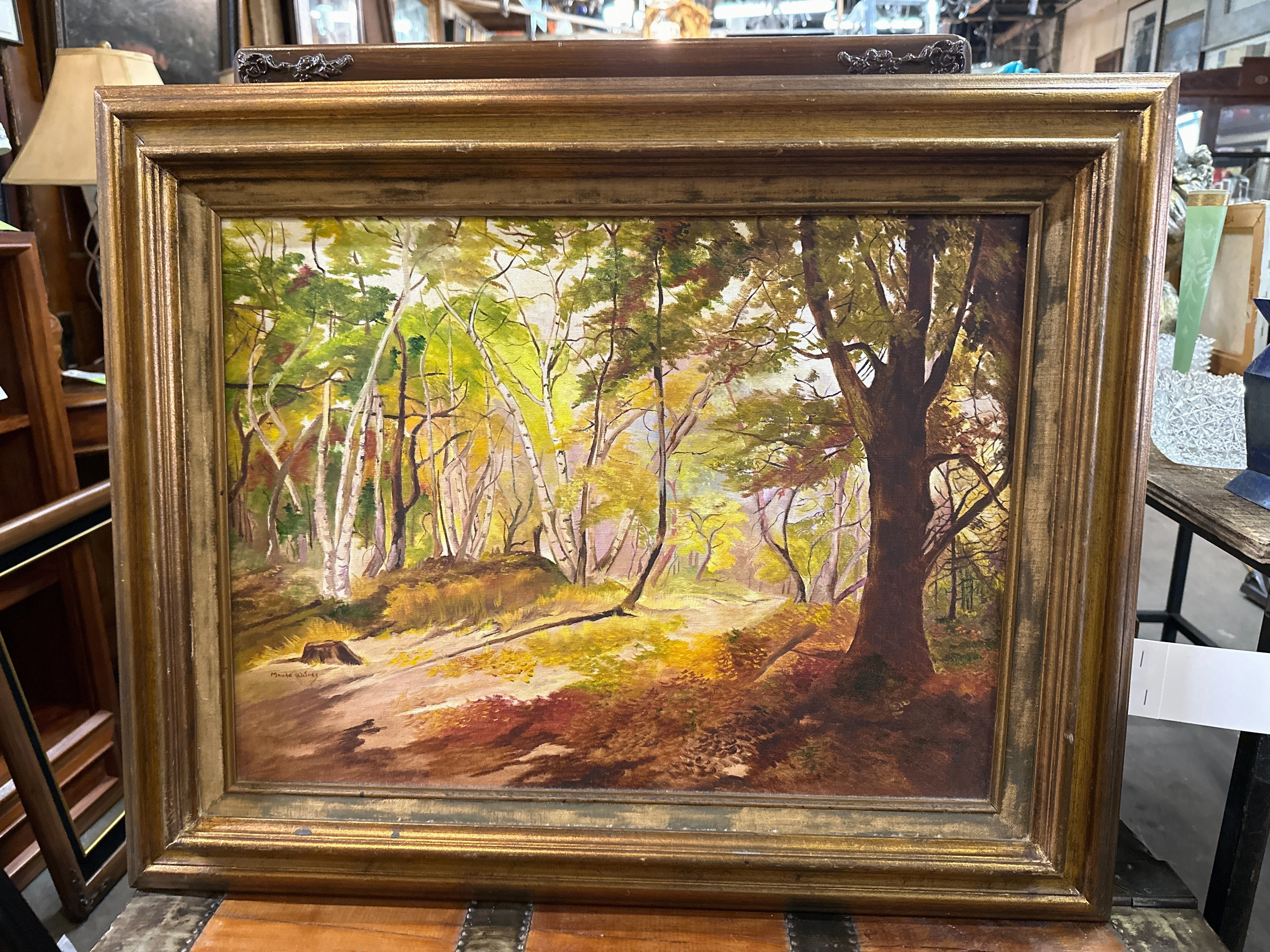 FRAMED IMPRESSIONIST SYLVAN OIL PAINTING WITH BIRCH BY MAUDE WATERS classic mural painting