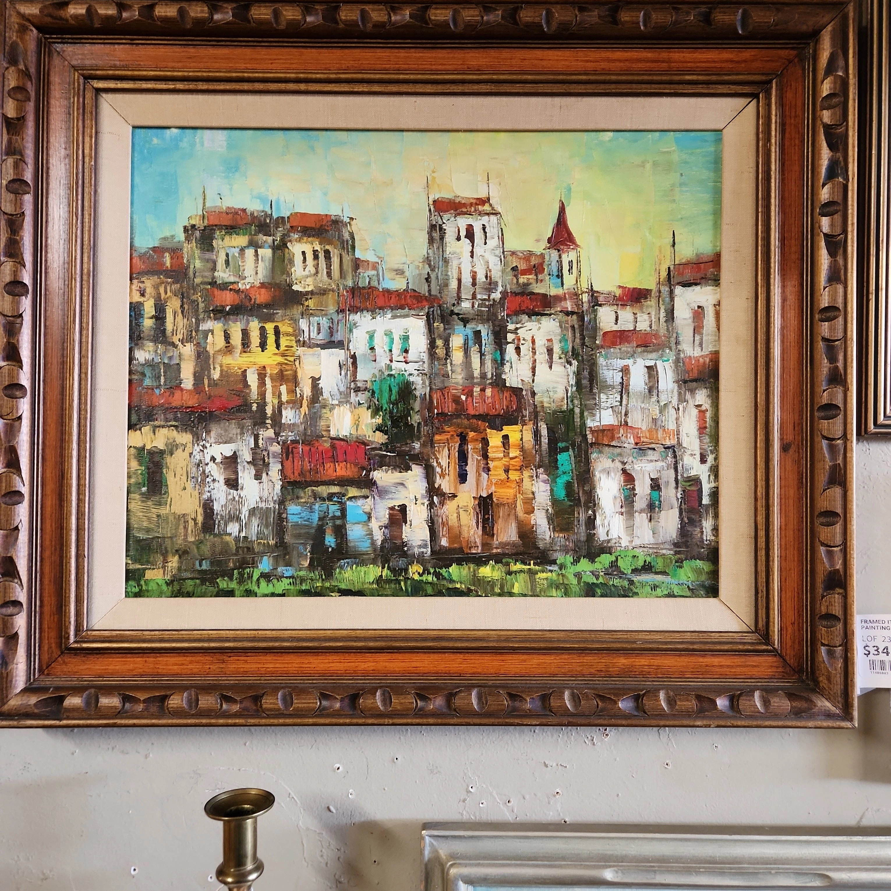 FRAMED ITALIAN PALLETTE KNIFE OIL PAINTING OF HOUSES IN CARVED FRAME classic mural painting