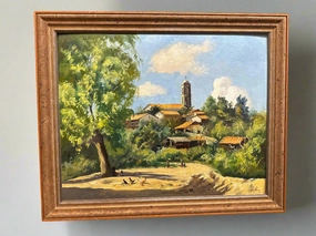 FRAMED LANDSCAPE OIL PAINTING OF A VILLAGE WITH A STEEPLE SIGNED JOSE VIVES ASTARA classic mural painting
