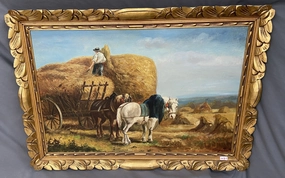 FRAMED LANDSCAPE OIL PAINTING OF HORSE AND HAY BALES BY SCHOTEN classic mural painting