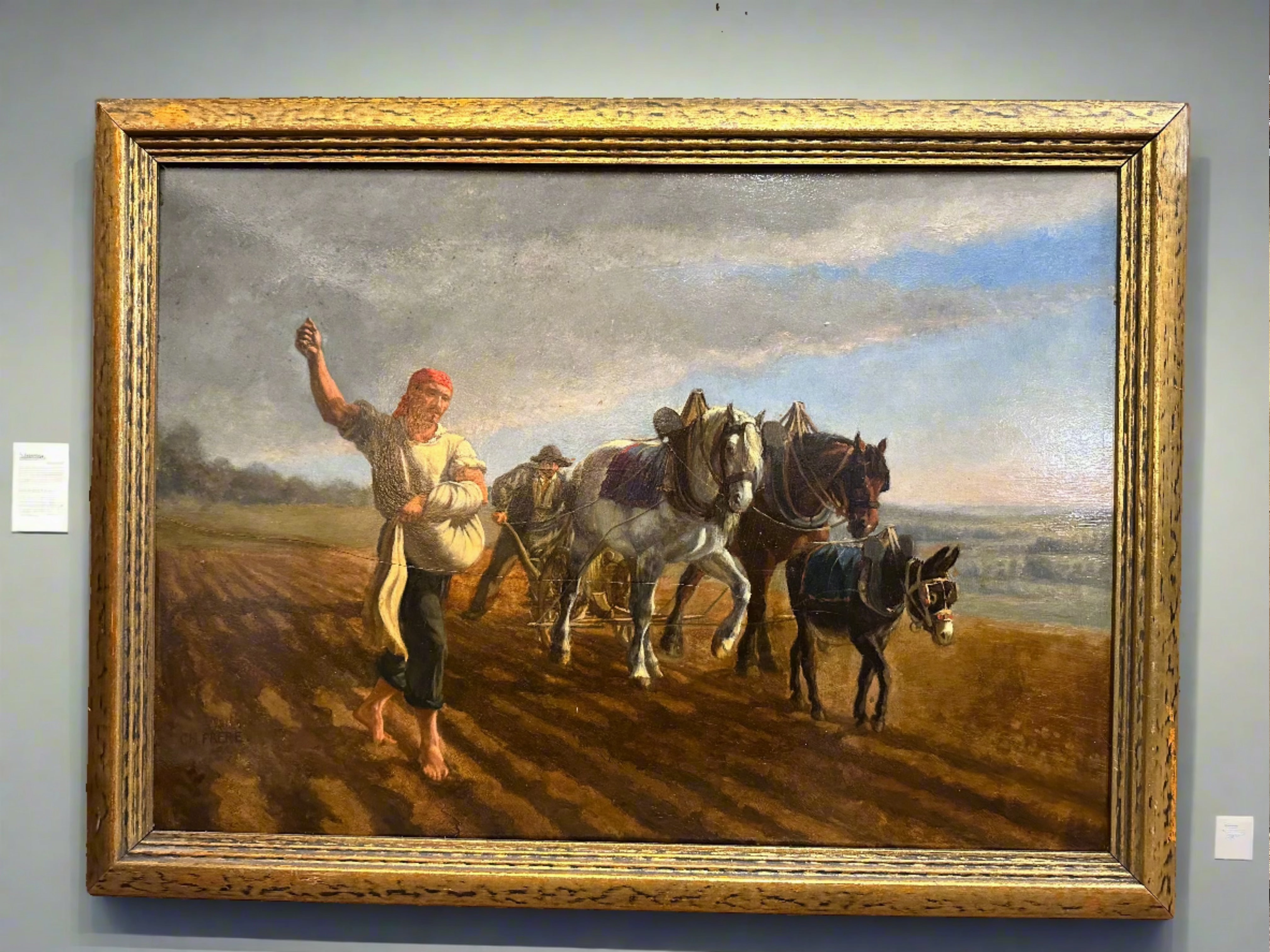 FRAMED LANDSCAPE OIL PAINTING OF MAN WORKING A FIELD BY CHARLED EDOURD FRERE classic mural painting