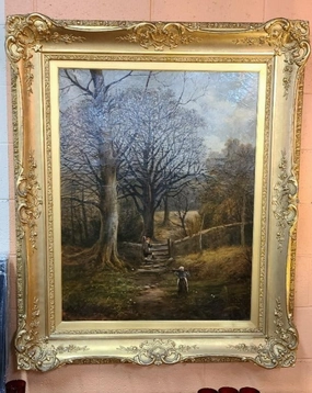 FRAMED LANDSCAPE OIL PAINTING "AUTUMN"  SIGNED JAMES STUART 1869 classic mural painting