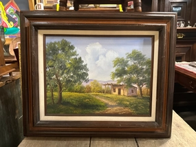 FRAMED LANDSCAPE OIL PAINTING WITH ADOBE HOUSE classic mural painting