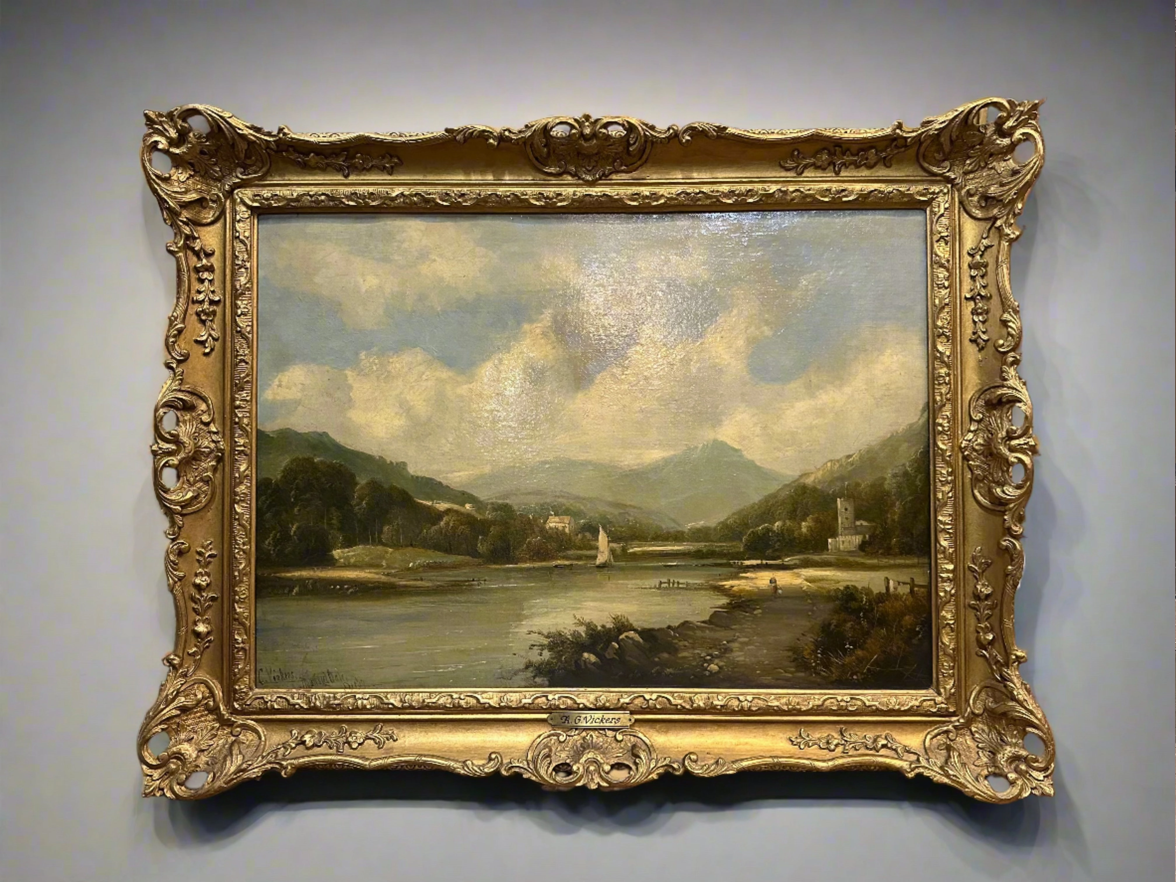 FRAMED LANDSCAPE OIL PAINTING WITH RIVER AND BOAT  BY C VICKERS classic mural painting