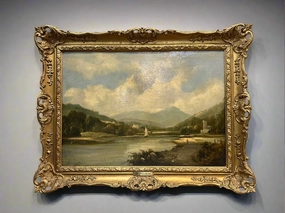 FRAMED LANDSCAPE OIL PAINTING WITH RIVER AND BOAT  BY C VICKERS classic mural painting