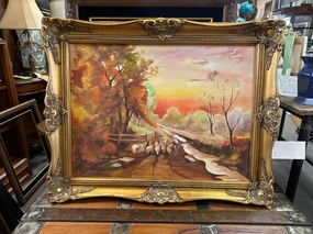 FRAMED LANDSCAPE OIL PAINTING WITH SHEEP CYMAUDE WATERS classic mural painting