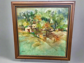 FRAMED MIDCENTURY VILLAGE OIL PAINTING classic mural painting