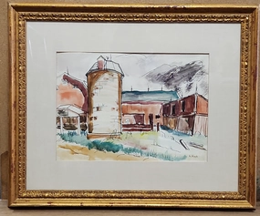 FRAMED MIXED MEDIA PAINTING OF A SILO classic mural painting