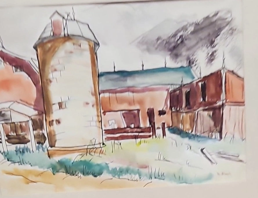 FRAMED MIXED MEDIA PAINTING OF A SILO