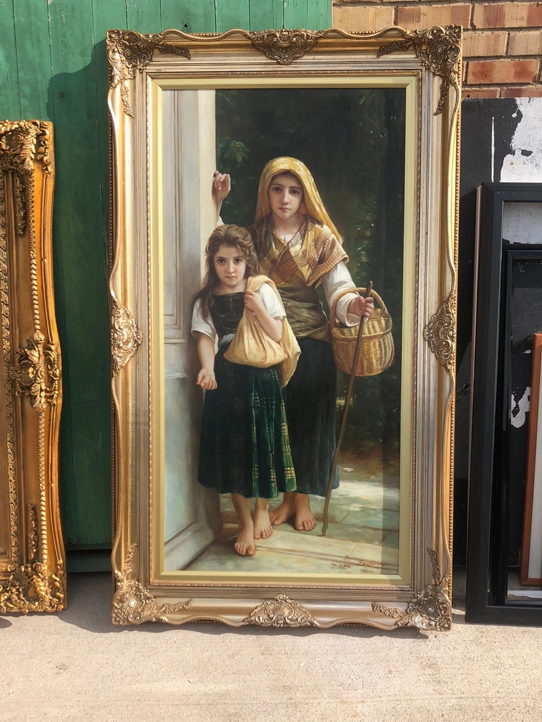 FRAMED OIL PAINTING OF 2 GIRLS WITH BASKET-STYLE OF BUCHERO