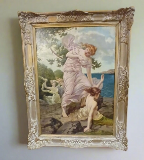 FRAMED OIL PAINTING OF 3 NYMPHS BY THE SEA SIGNED JOHN MONITE classic mural painting