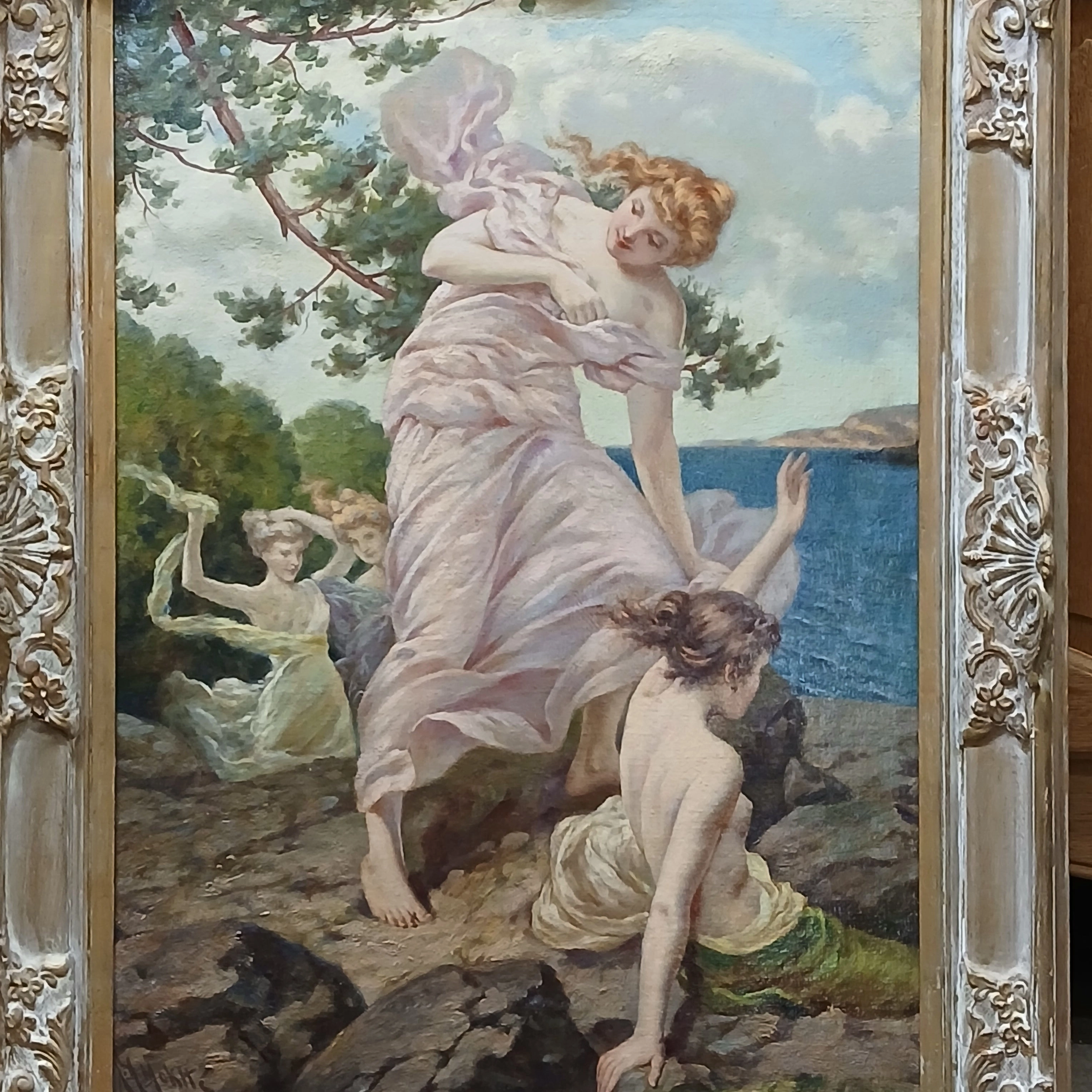 FRAMED OIL PAINTING OF 3 NYMPHS BY THE SEA SIGNED JOHN MONITE