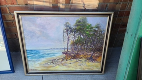 FRAMED OIL PAINTING OF A A LAKE SHORE WITH TREE ROOTS SIGNES WENDELL ROGERS classic mural painting