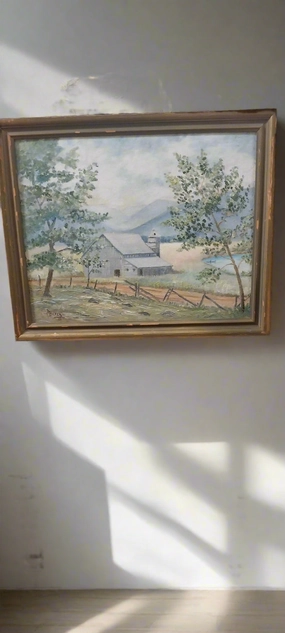 FRAMED OIL PAINTING OF A BLUE BARN classic mural painting