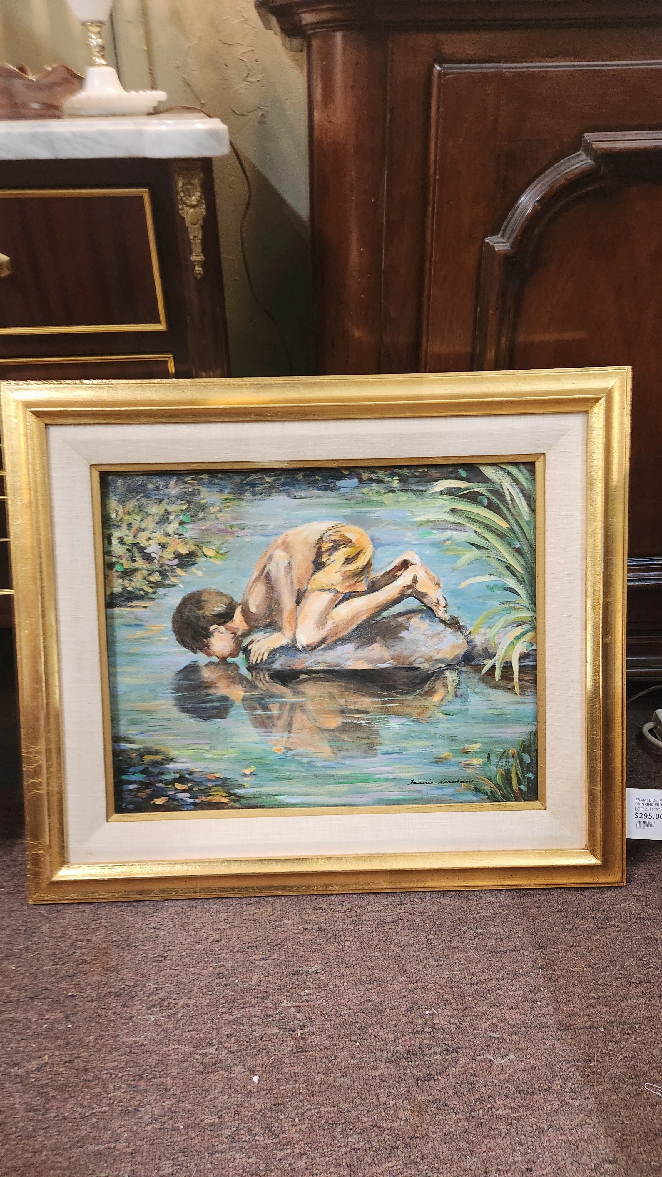 FRAMED OIL PAINTING OF A BOY DRINKING FROM A STREAM classic mural painting
