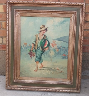 FRAMED OIL PAINTING OF A BOY WITH A WATERMELON classic mural painting