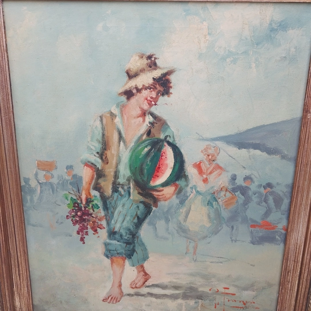 FRAMED OIL PAINTING OF A BOY WITH A WATERMELON