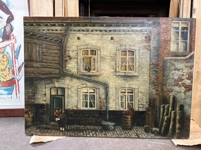 FRAMED OIL PAINTING OF A BUILDING FACADE SIGNED HERCOUME DESIRK classic mural painting