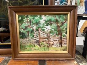 FRAMED OIL PAINTING OF A CORRAL IN THE TREES BY MAUDE WATERS classic mural painting