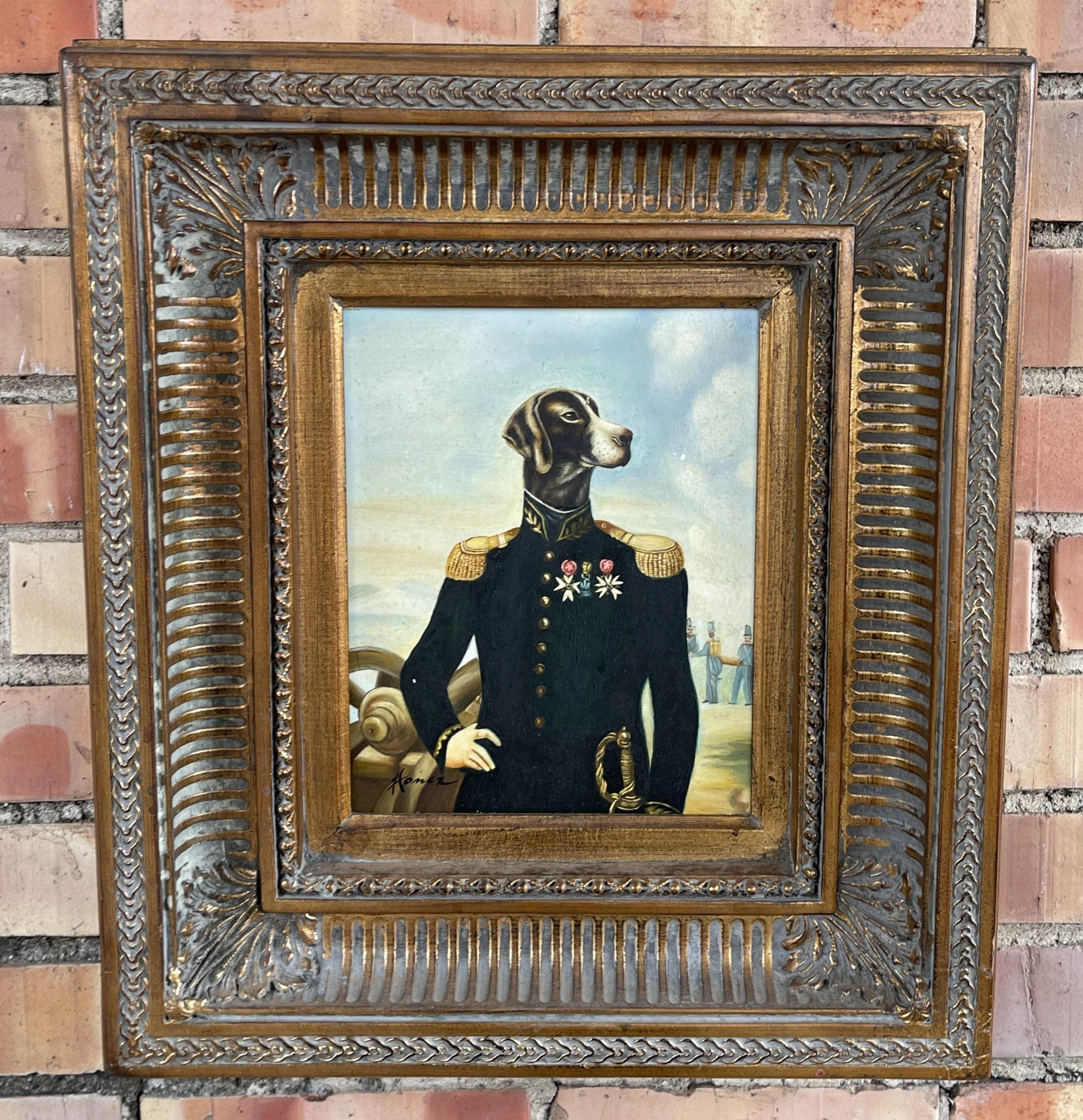 FRAMED OIL PAINTING OF A DOG IN UNFORM classic mural painting