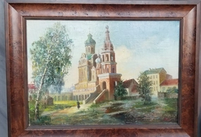 FRAMED OIL PAINTING OF A EUROPEAN TOWN WITH A CHURCH classic mural painting