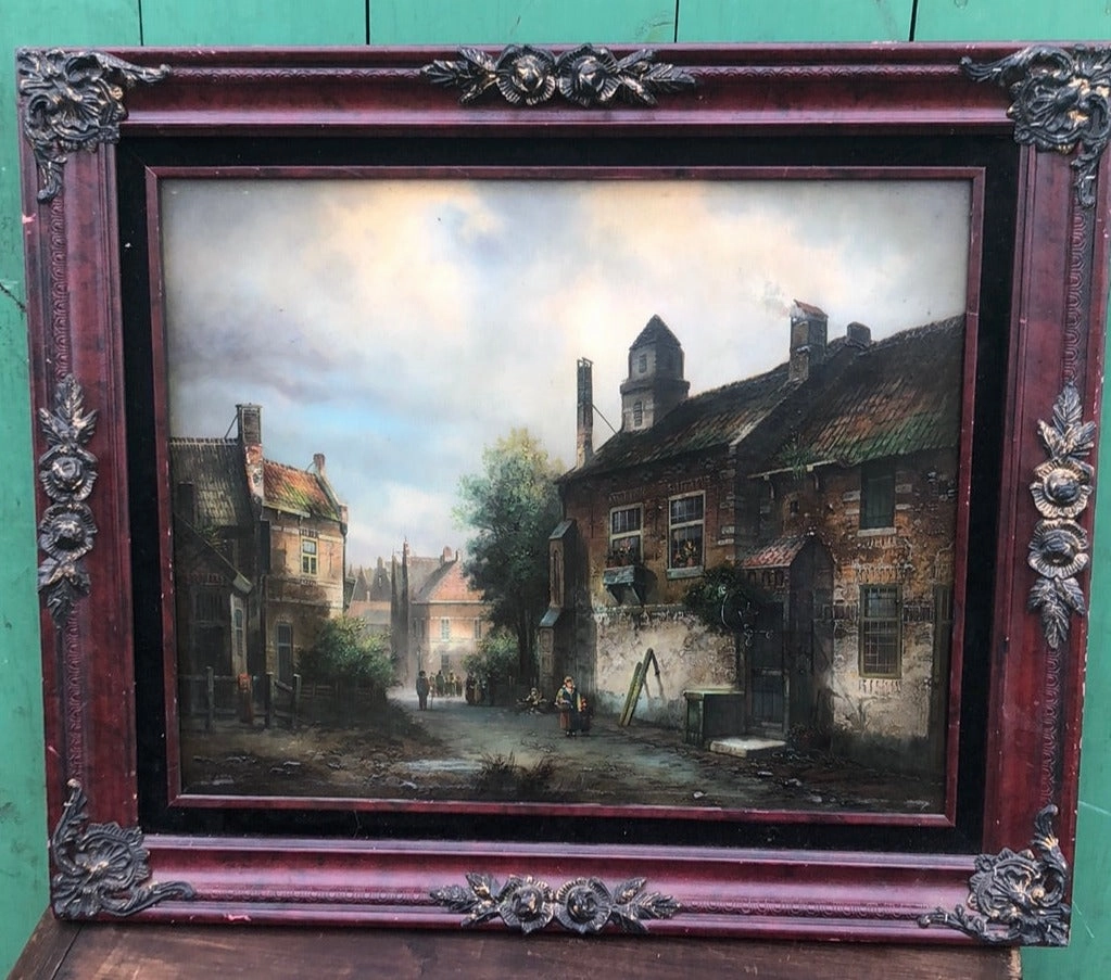 FRAMED OIL PAINTING OF A EUROPEAN TOWN WITH A WOMAN AND CHILDREN classic mural painting