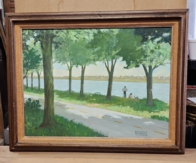FRAMED OIL PAINTING OF A FAMILY BY A RIVER SIGNED FREDRICK BLAKESLEE 1972 classic mural painting