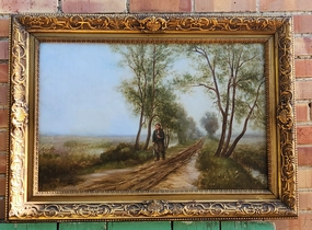 FRAMED OIL PAINTING OF A FISHERMAN ON A LONG ROAD BY F. HAROLD HAYWORD classic mural painting