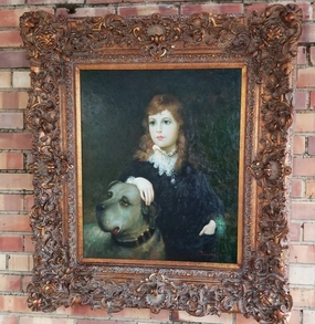 FRAMED OIL PAINTING OF A GIRL AND DOG classic mural painting
