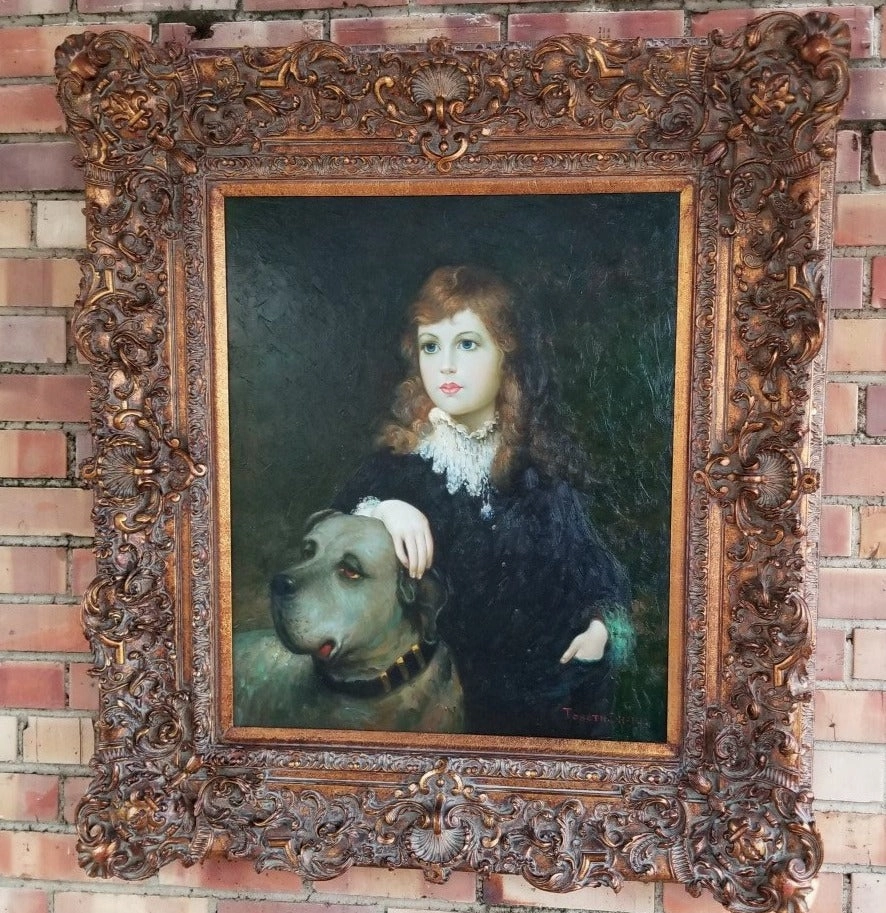 FRAMED OIL PAINTING OF A GIRL AND DOG classic mural painting