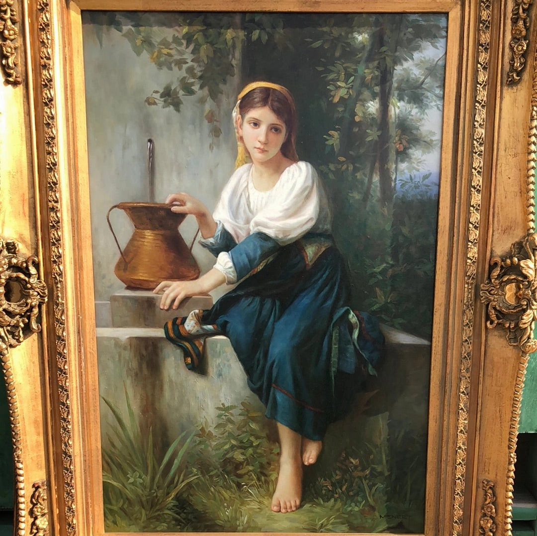 FRAMED OIL PAINTING OF A GIRL WITH A POT