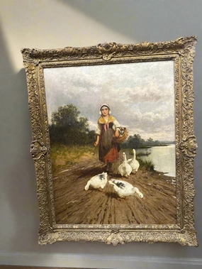 FRAMED OIL PAINTING OF A GIRL WITH GEESE BY P. ANOYES CIRCA 1882 classic mural painting
