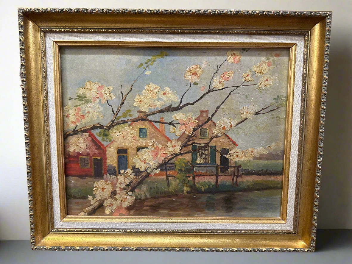 FRAMED OIL PAINTING OF A HOUSE WITH CHERRY BLOSSOM classic mural painting