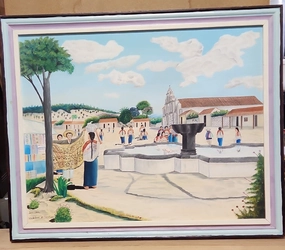 FRAMED OIL PAINTING OF A MISSION MARKET SIGNED JULIO CHIREX classic mural painting
