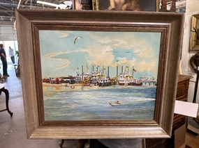 FRAMED OIL PAINTING OF A PORT BY MAUDE WATERS classic mural painting
