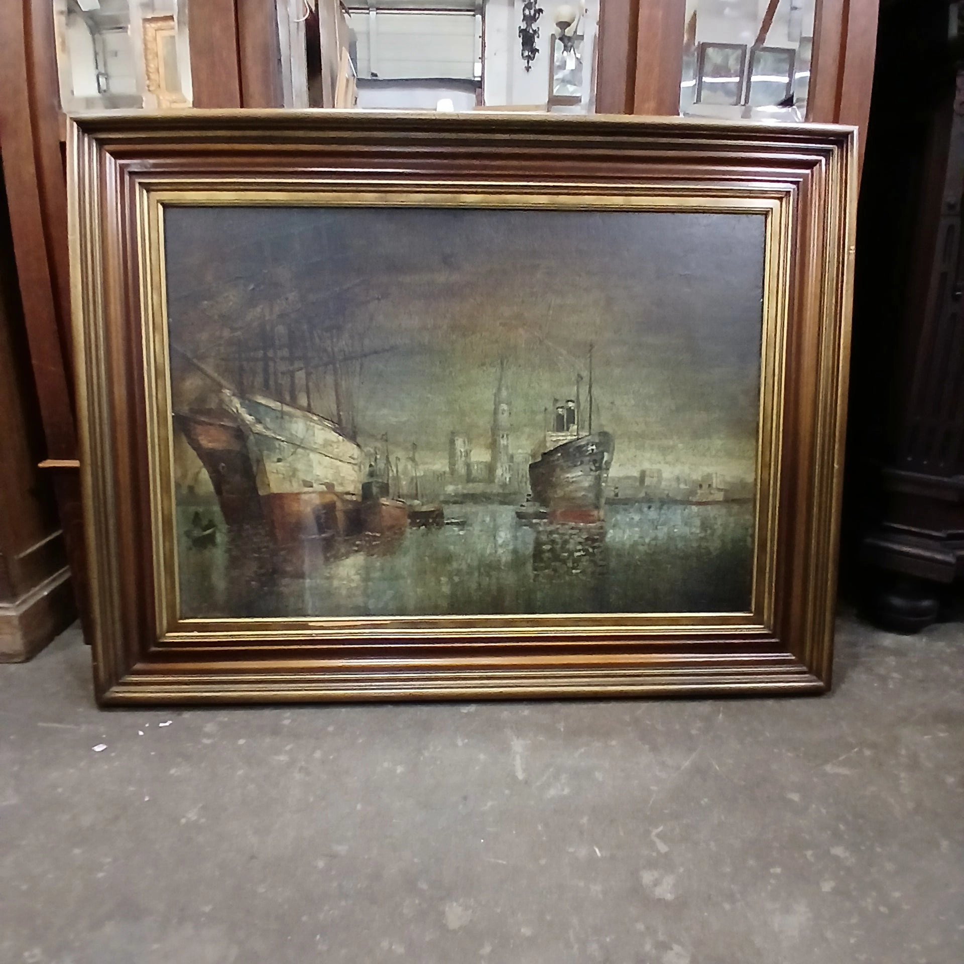 FRAMED OIL PAINTING OF A PORT IN THE EVENING