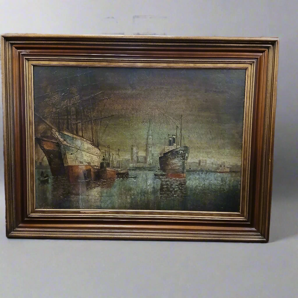 FRAMED OIL PAINTING OF A PORT IN THE EVENING classic mural painting
