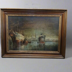 FRAMED OIL PAINTING OF A PORT IN THE EVENING classic mural painting
