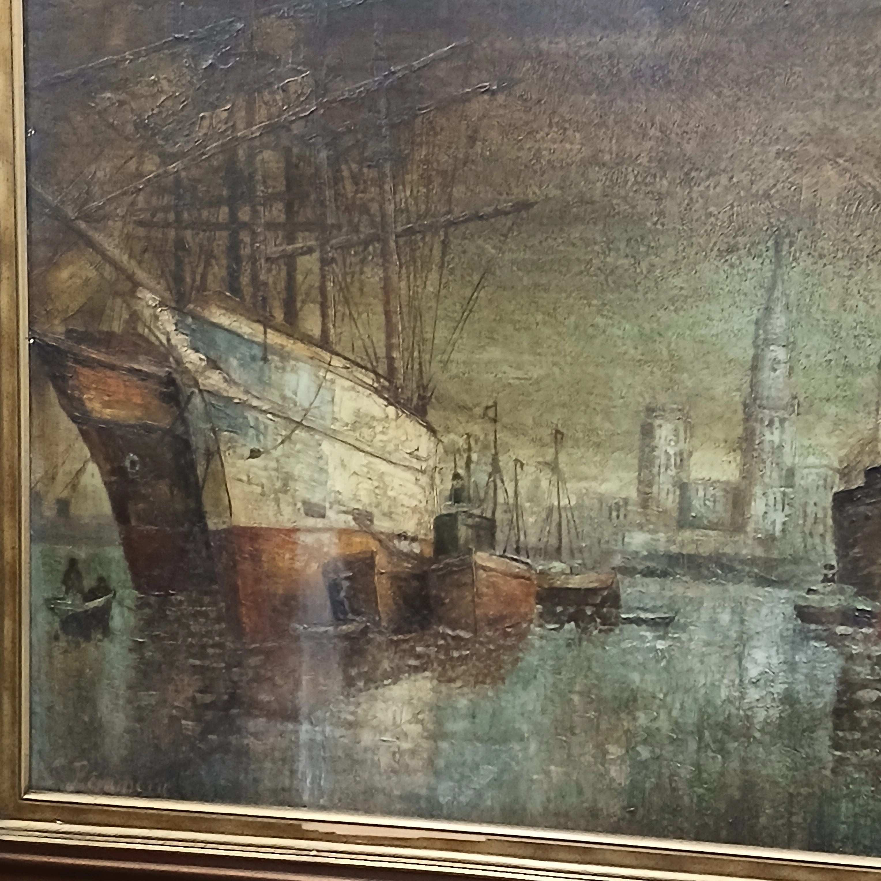 FRAMED OIL PAINTING OF A PORT IN THE EVENING